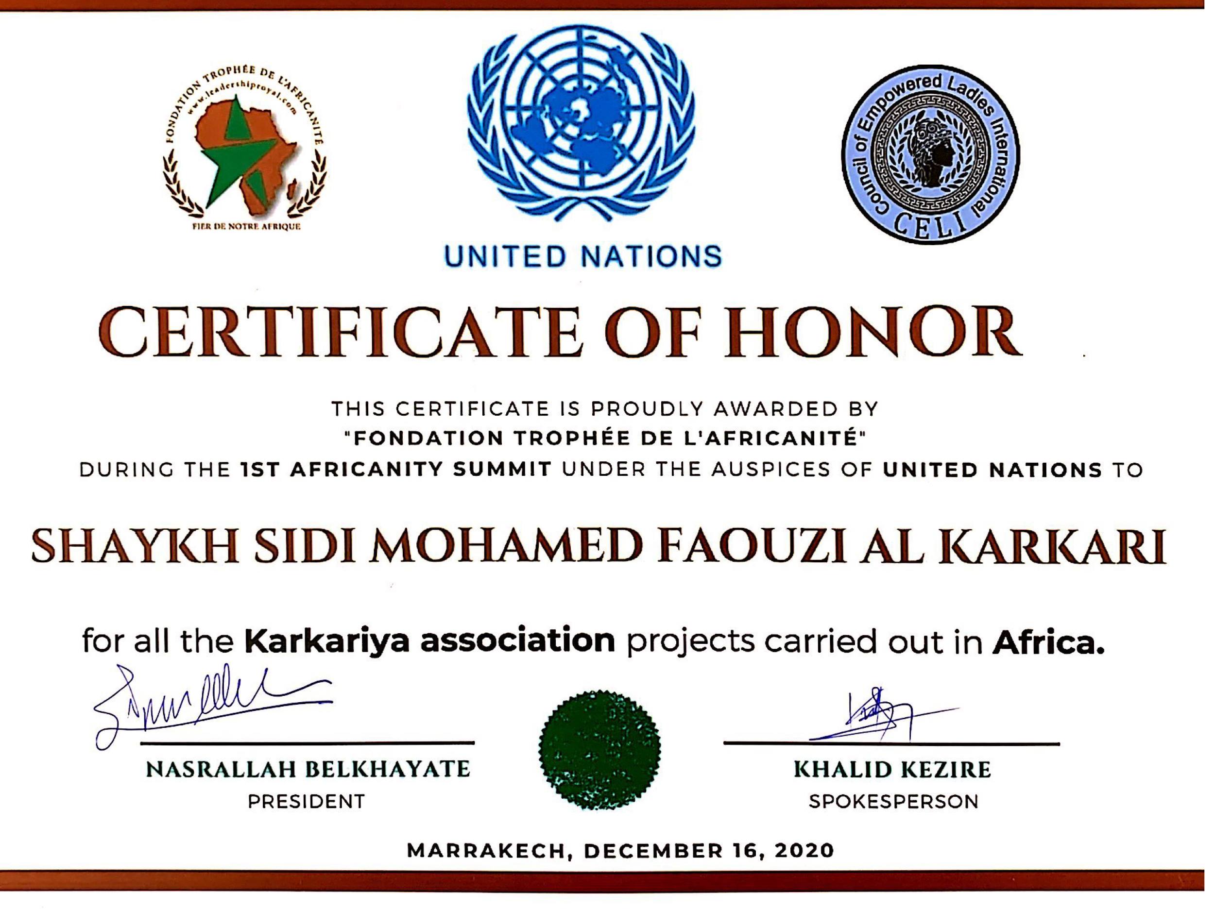 Under the auspices of the United Nations, Fondation du Trophée de l’Africanité awards the certificate of honor to Sidi Shaykh Mohamed Faouzi Al Karkari
